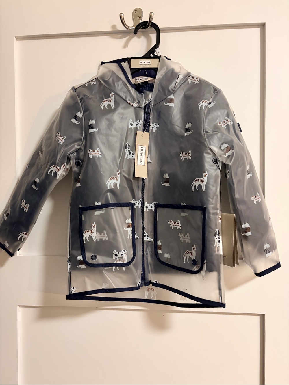 Hunter Kids Clear Raincoat with Navy Trim and Dog Print